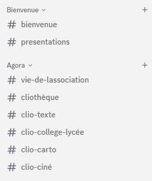 Liste des salons du serveur Discord des Clionautes : Agora, Salle des profs, Actualités, Concours