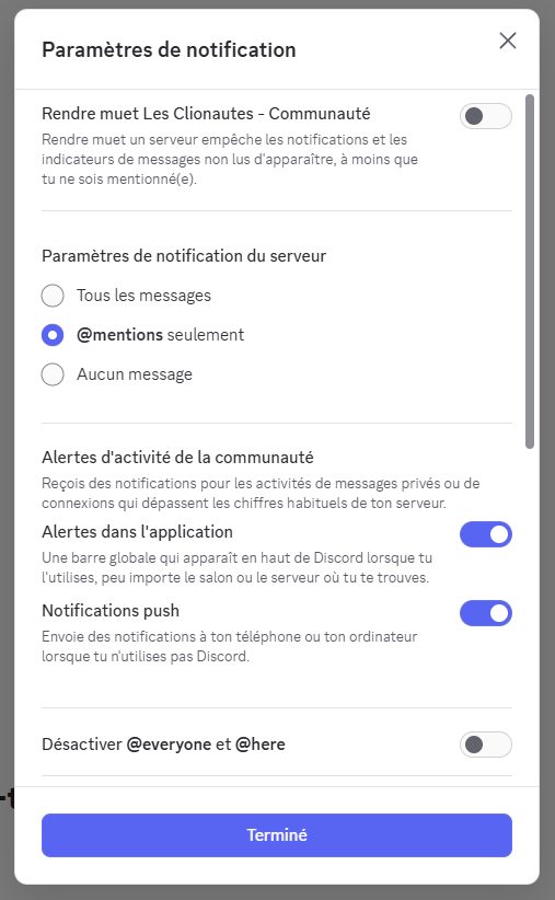 Menu de réglage des notifications d'un serveur Discord, permettant de n'être alerté que sur mention