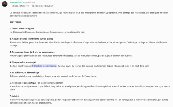 Message d'accueil et règles d'usage du serveur Discord des Clionautes