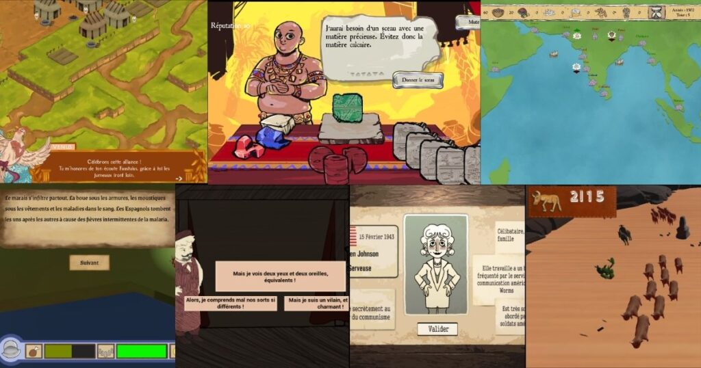 Mosaïque de captures d’écran des sept jeux de la 5e Game Jam des Rendez-vous de l’Histoire : Rome ne s’est pas faite en un jour, Seal Crafter: Ancient Trade, Samudri Raja, Conquista-Mort, Le Théâtre Civique vous invite !, Meet the Spy et Vaquero.